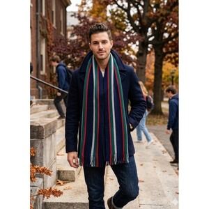 Vintage Pendleton 100% Virgin Wool Scarf Navy Green Red Striped Made in USA
